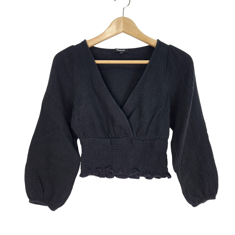 Madewell Black Lightspun Julianne Smock Waist Crop Blouse XS‎ Long Sleeve V-neck